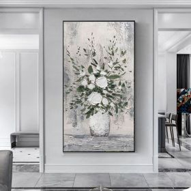 Handmade Oil Painting Abstract White Floral Vase Palette Knife Textured Oil Painting Modern Art On Canvas Grey Wall Art Foe Home Decor (Style: 01, size: 80x160cm)