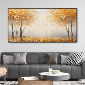 Hand Painted Large Original Golden Forest Landscape Oil Painting Autumn Yellow Tree Fallen Leaves Wall Art Morning Fog Woods Modern Texture Home Decor (Style: 01, size: 40x80cm)