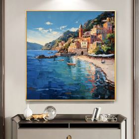 Hand Painted Original Mediterranean Oil Painting On Canvas Large Wall Art Abstract Coastal Cityscape Art Seascape Painting Blue Ocean Decor Home Decor (Style: 01, size: 140x140cm)