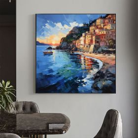 Hand Painted Abstract Mediterranean Oil Painting On Canvas Large Wall Art Original Coastal City Landscape Art Custom Blue Ocean Decor Living Room Art (Style: 01, size: 80x80cm)