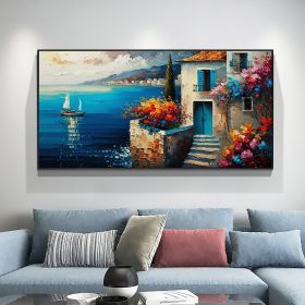 Hand Painted Original Seaside Mediterranean Oil Painting On Canvas Large Wall Art Abstract Blue Seascape Art Custom Painting Living Room Home Decor (Style: 01, size: 80x160cm)