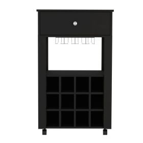 Ace Bar Cart; Twelve Built-in Wine Rack; Four Legs; One Open Shelf (Color: black)