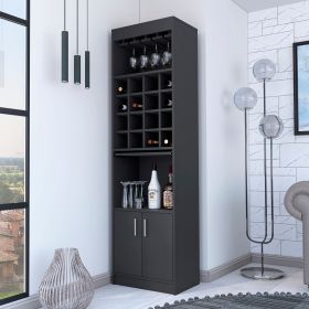 Myers Bar Cabinet; Two Shelves; Double Door Cabinet; Six Built-in Wine Rack (Color: black)