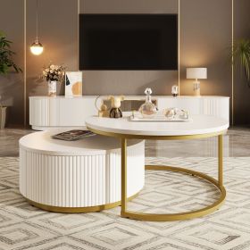 Modern Round Nesting Coffee Table Fluted with Drawer in 31.5'' (Color: Golden+White, Material: MDF)