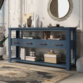 62.2'' Modern Console Table Sofa Table for Living Room with 4 Drawers and 2 Shelves (Color: Navy Blue, Material: Solid Wood+MDF)