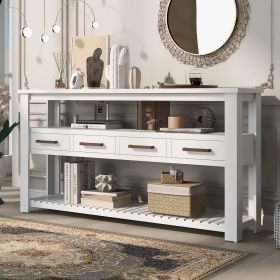 62.2'' Modern Console Table Sofa Table for Living Room with 4 Drawers and 2 Shelves (Color: White, Material: Solid Wood+MDF)