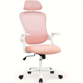 Mesh Ergonomic Office Computer Desk Chair Flip-up Arms Adjustable Headrests Comfortable Lumbar Support For Home Office (Color: Pink)